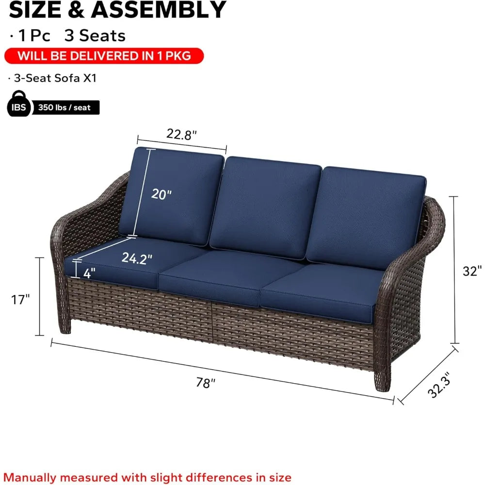 78" Wicker 3-seat Sofa, Outdoor Conversation Furniture, All-Weather Rattan Couch, Steel Frame Couch with Cushions for Garden, Po