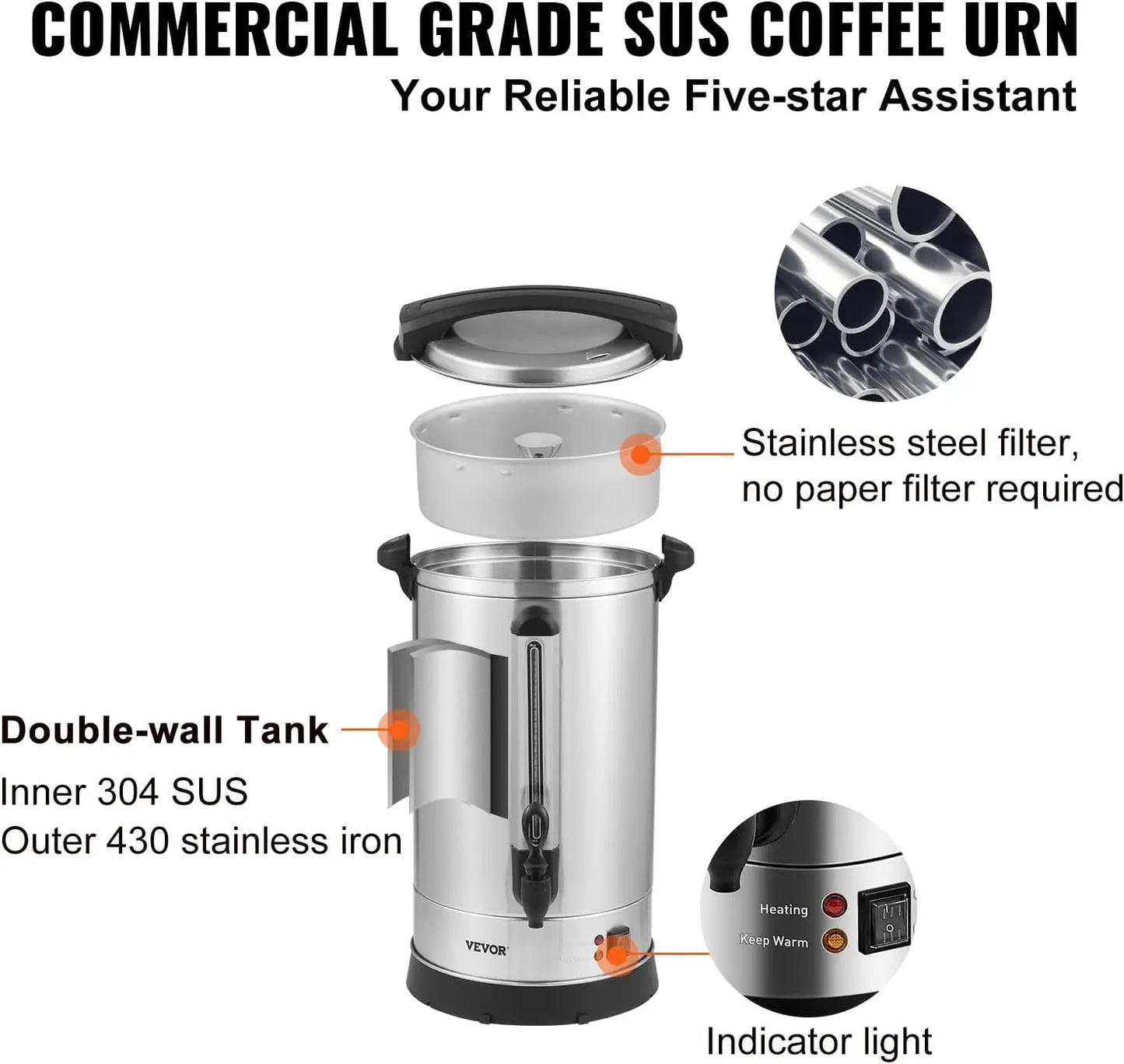 Commercial Coffee Urn,65Cups/9.75L Stainless Steel Large Coffee Dispenser,1500W 110V Electric Coffee Maker Urn For Quick Brewing