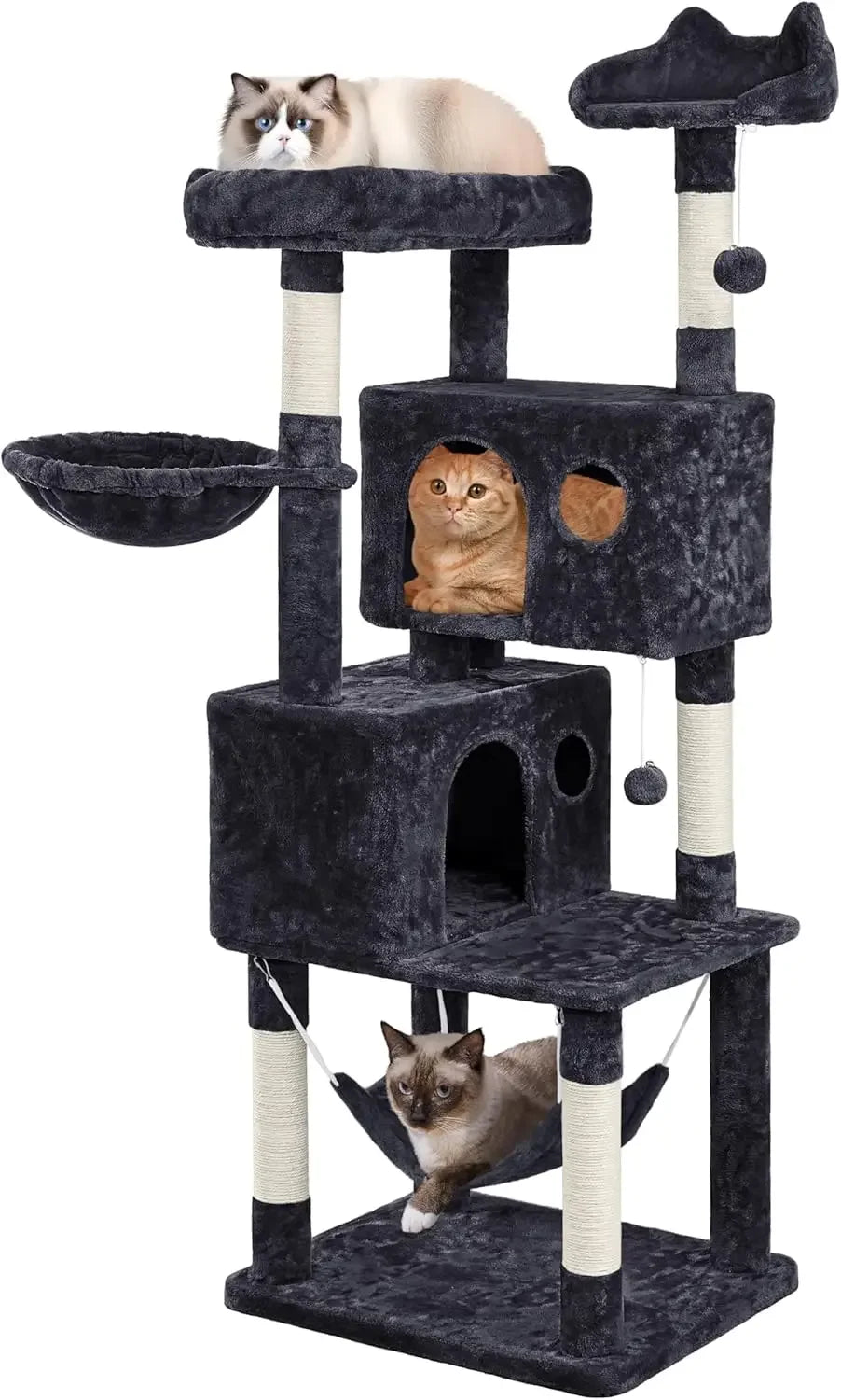 64.5in Extra Large Multi-Level Cat Tree Kittens Play House Condo with Platform, Perch Hammock & Scratching Posts, Dark Gray