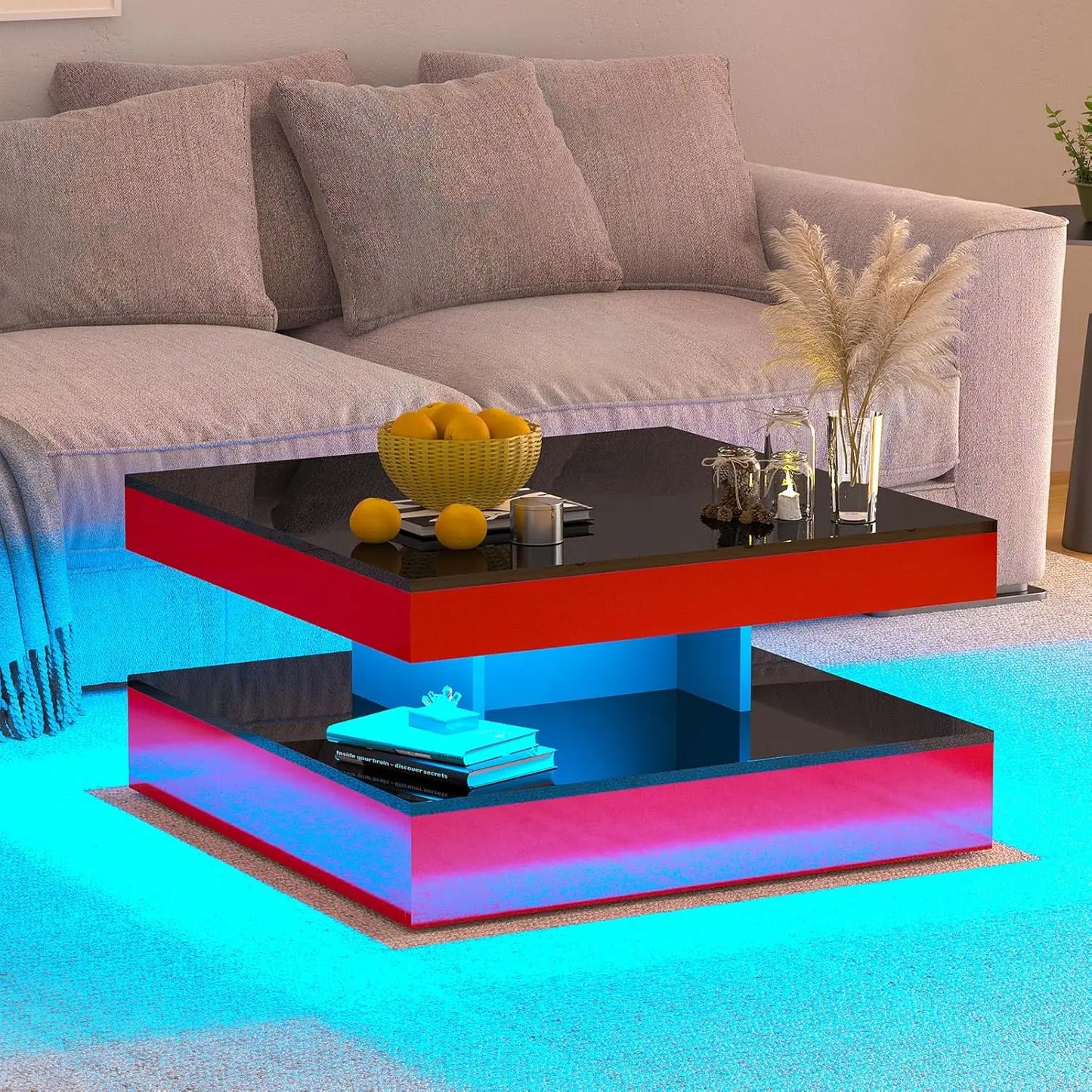 LED Coffee Table for Living Room, Living Room Table 2-Tier Square Middle Center Table, Modern Coffee Tables with Storage