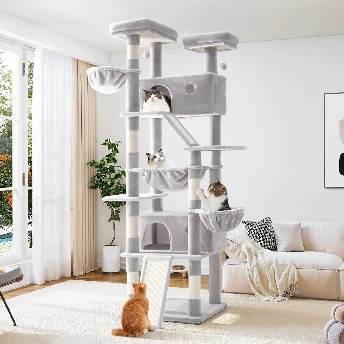 81 Inches Tall Cat Tree/Multi-Level Large Climbing Tree House and Towers for Big Feline/Condo and Hammock/Scratching Post