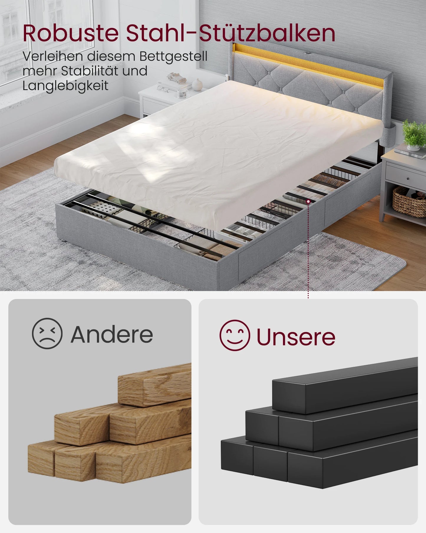 VASAGLE Upholstery bed double bed frame bed frame Metal bed (LED, 4 drawers, charging station