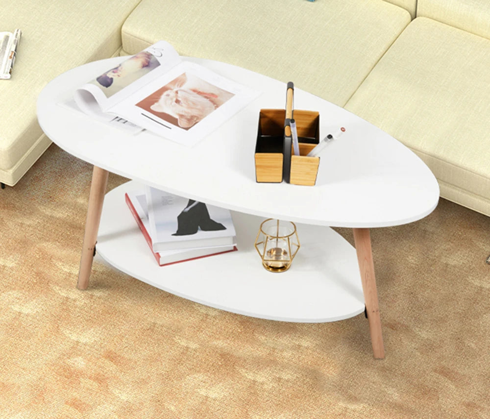 Vabches Coffee Table Oval Wood End Table with 2 Tier Open Storage Shelves White Modern Sofa Side Table for Living Room Furniture