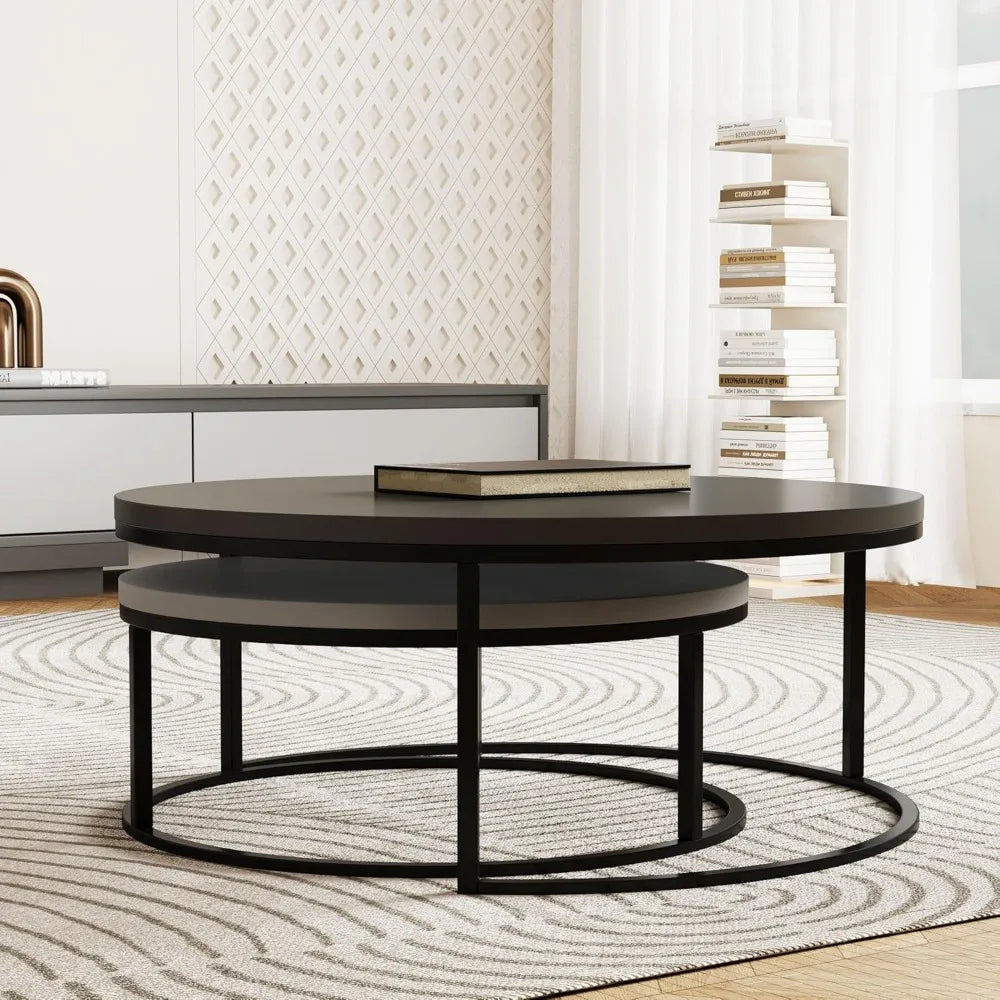 Modern Round Coffee Table Set, Nesting Cocktail Tables with Black Metal Legs, Dark Gray/Light Gray, Easy Assembly