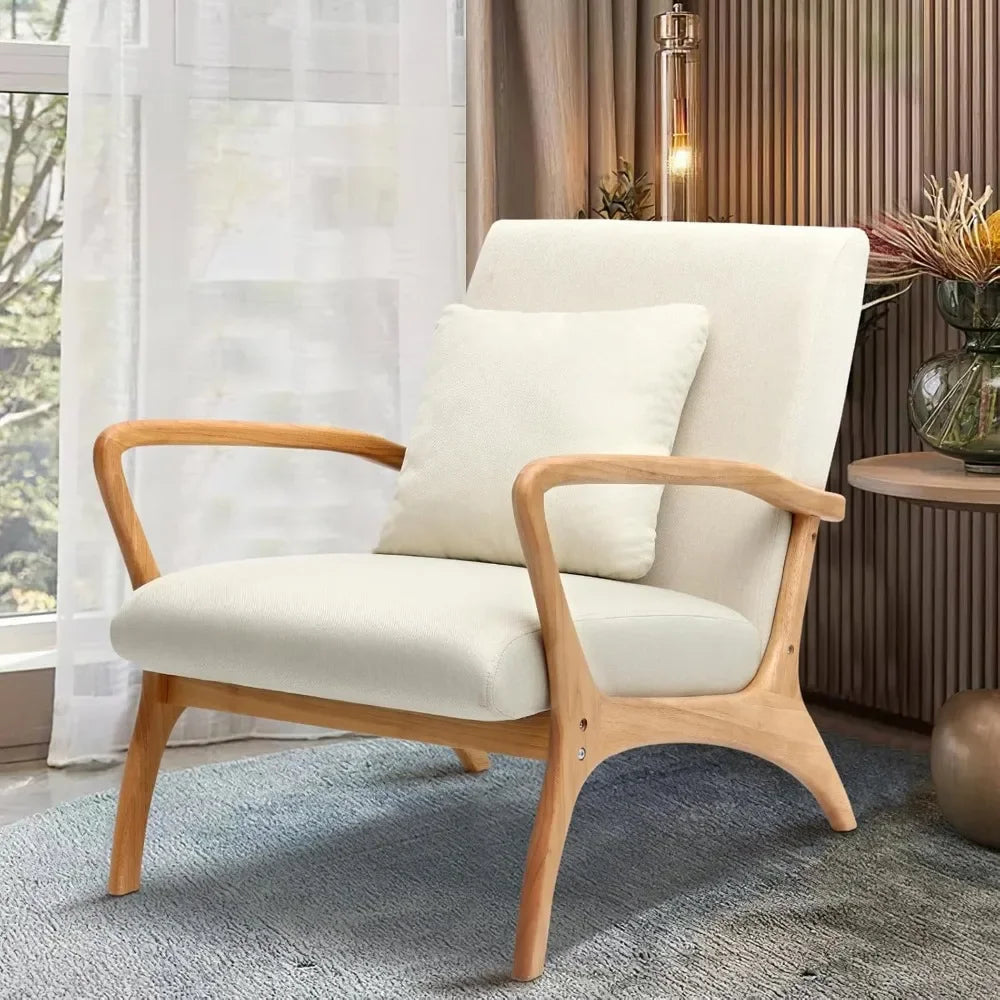 Mid-Century Modern Accent Chair with Cushion, 28.3'' Long Armrest Chairs Upholstered Linen Fabric Wood Frame Armchair
