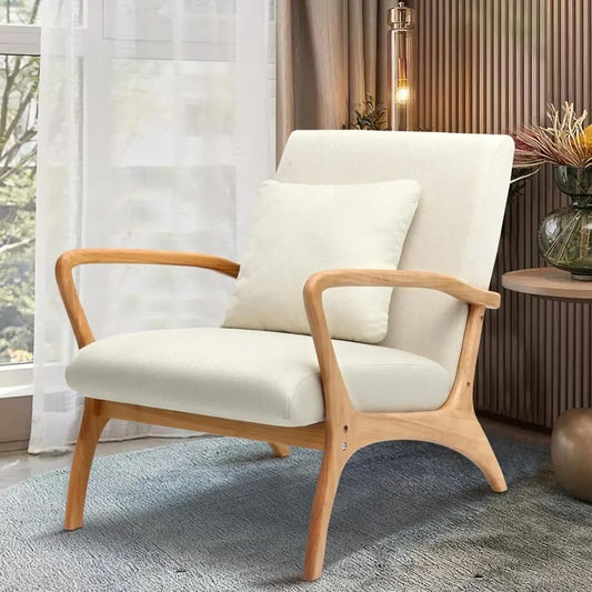 Mid-Century Modern Accent Chair with Cushion, 28.3'' Long Armrest Chairs Upholstered Linen Fabric Wood Frame Armchair