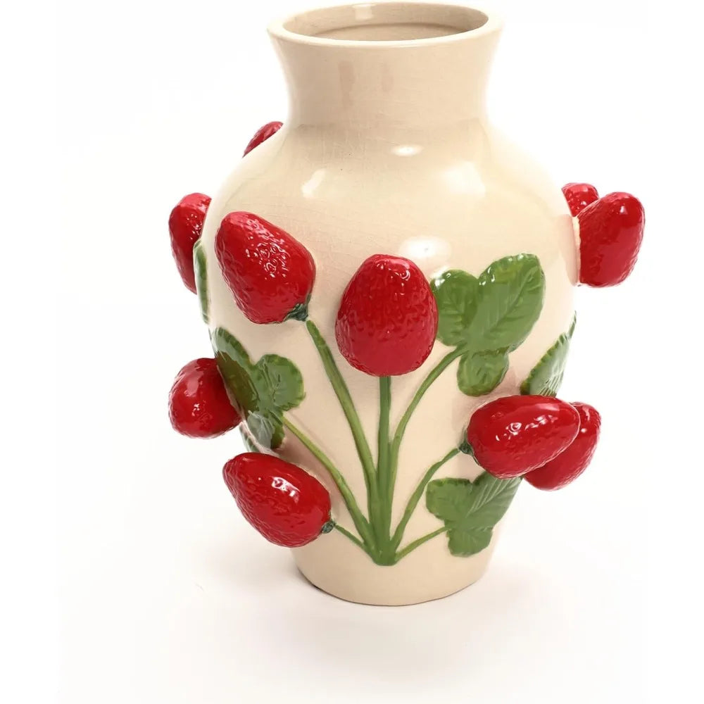 Unique Ceramic Flower Vase,Modern Decorative Pottery Vases for Dining Table Living Room Decor,Ivory with Red Strawberries
