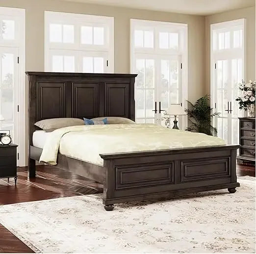 Queen Size Platform Bed with Tall Headboard  Footboard, Pinewood King Bed Frame with Wood Panel Bed Base,White,Bed Frames