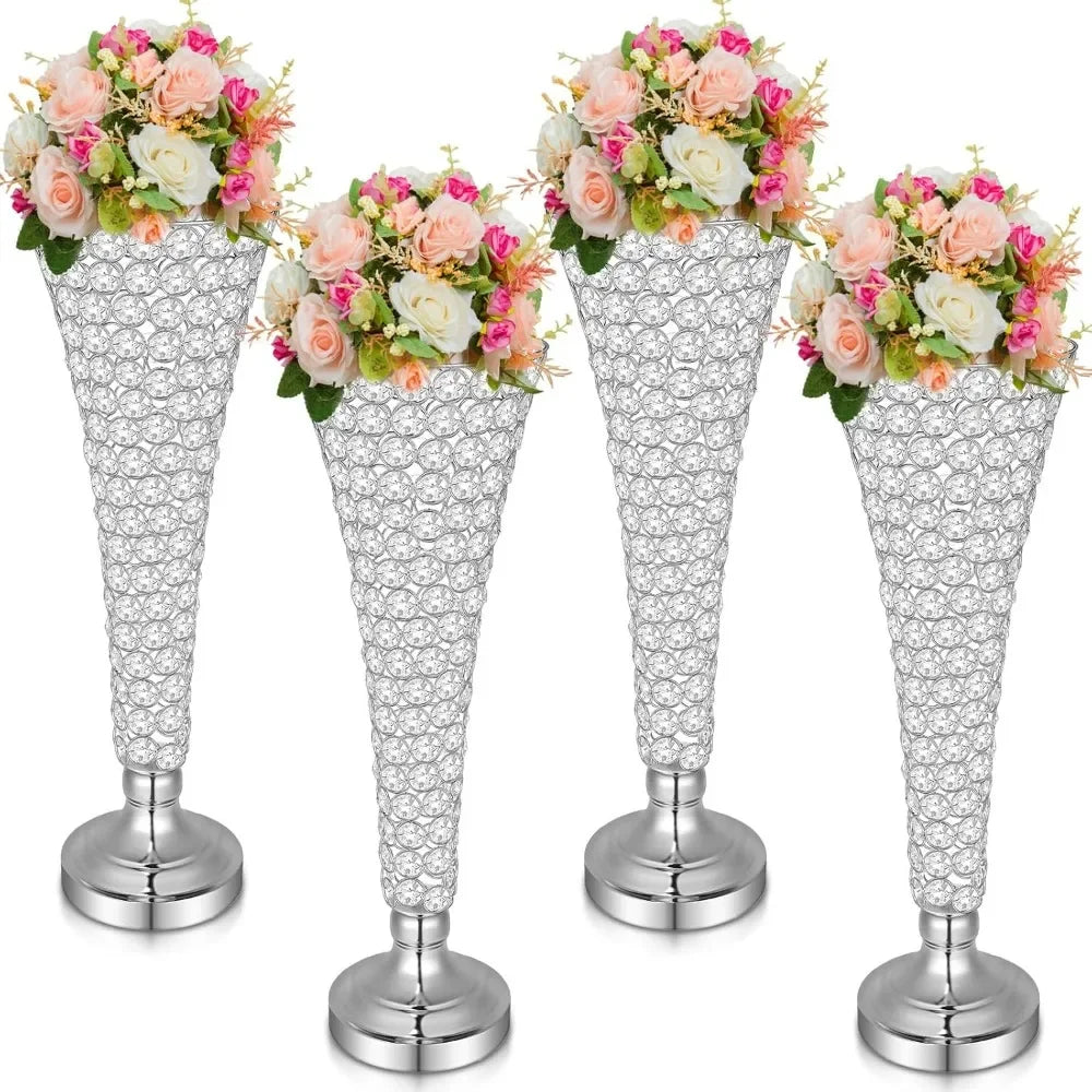 4 Pcs Crystal Trumpet Flower Vase 20 Inch Tall Wrought Iron Crystal Vase Flower Stand Centerpieces Wedding Table Decor for Home