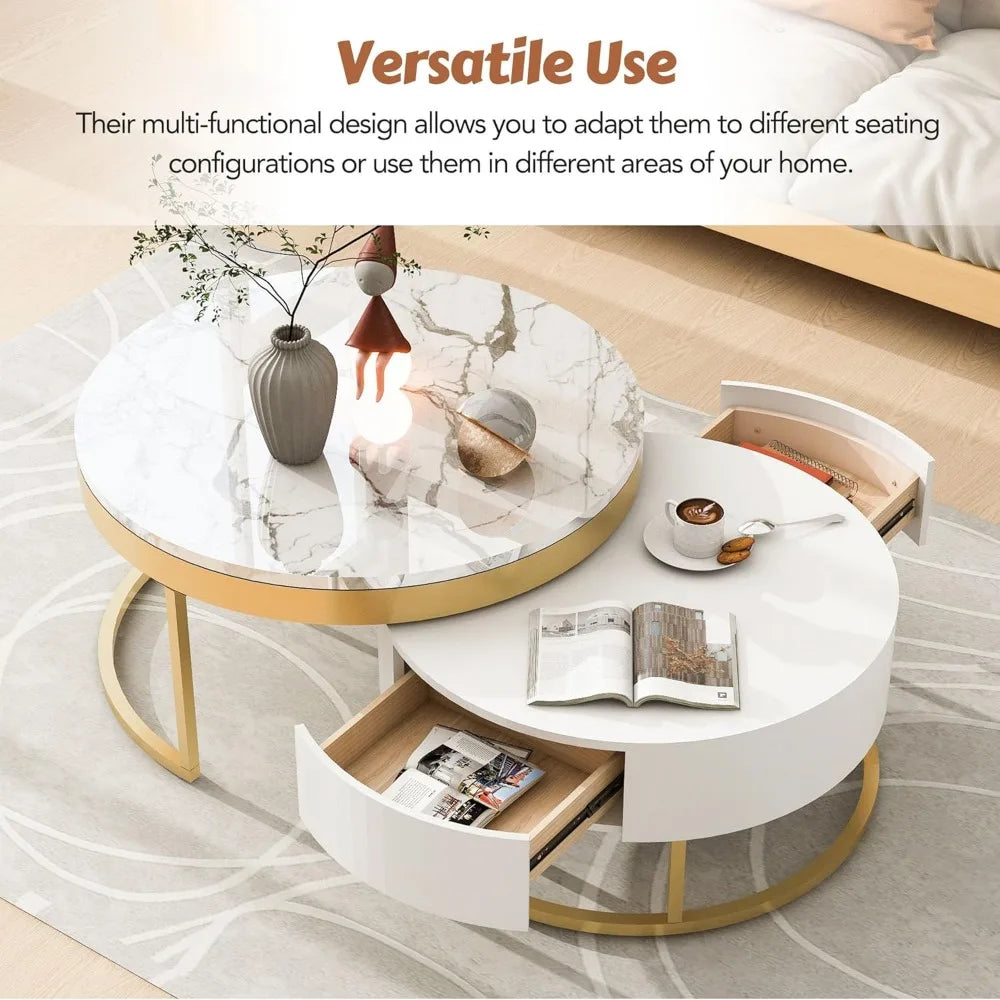 Modern Round Nesting Coffee Table with Marble Top, White & Gold Nesting Coffee Table Set of 2 Center Table with Storage Drawers