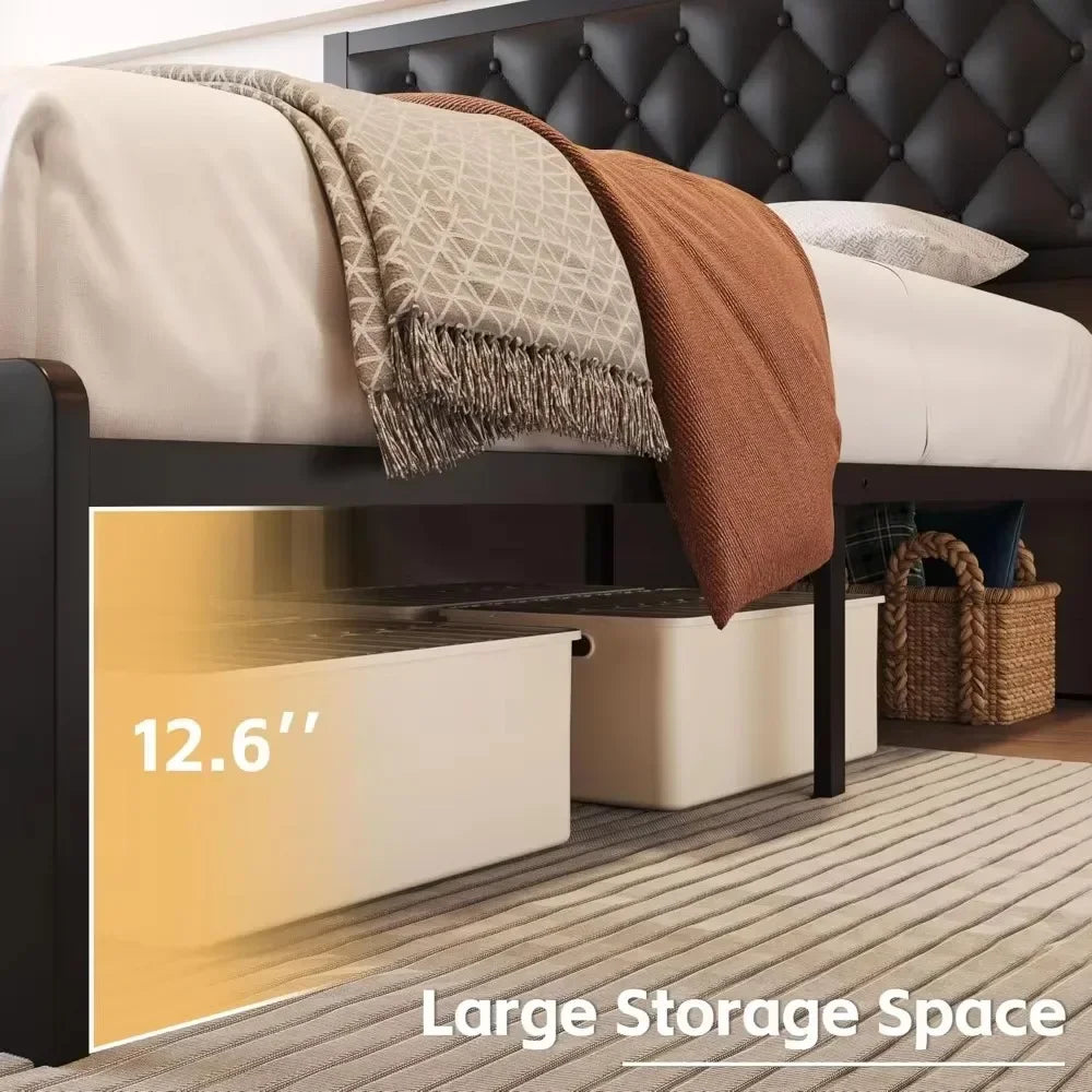 Bed Frame with Headboard PU Leather Upholstered Bed Frame Platform,All Metal Slats Support Platform Bed Frame with Storage