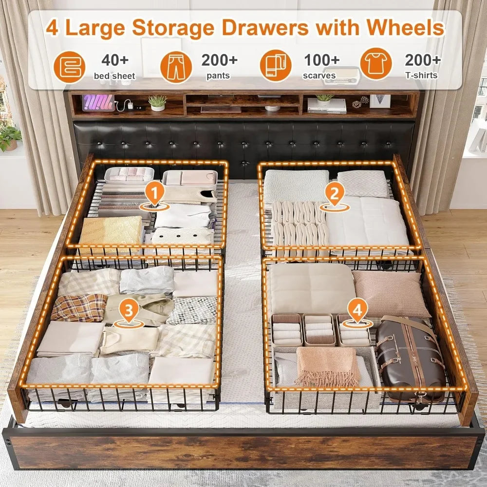 King Bed Frame with 4 Storage Drawers and Headboard, Bed Frame with Storage & Charging Station, No Box Spring Needed, Bed Frame