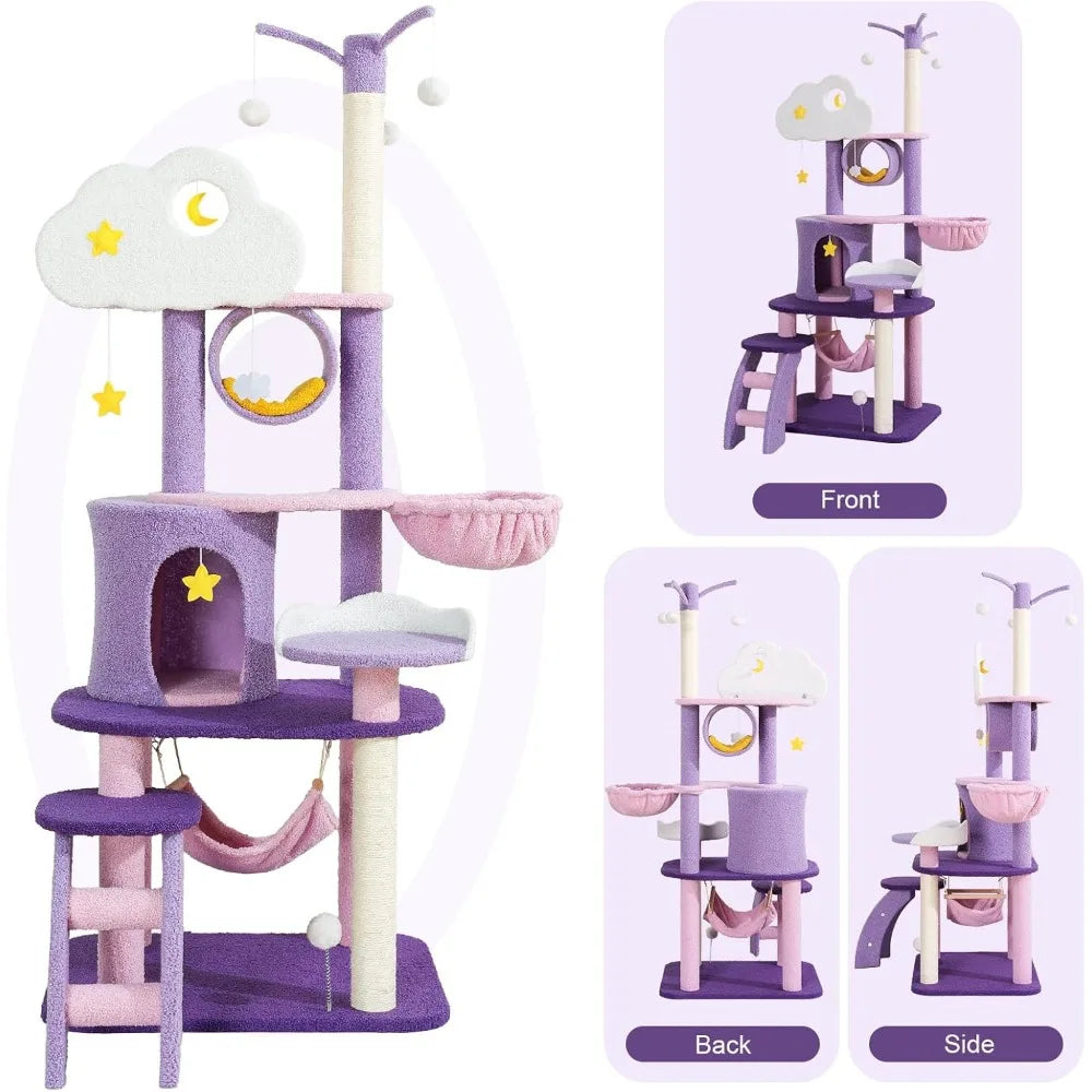 Cute Tower, Unique Cat Tree Large Tall for Indoor , Cloud Big Cat Tree Cat Castle Mansion Condo for Large Activity Trees