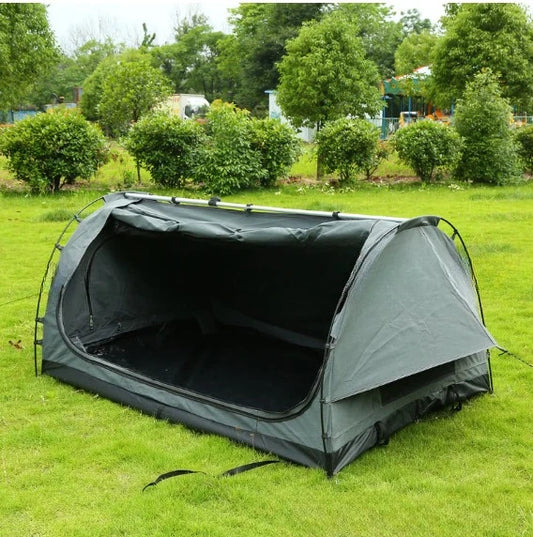No setup required - quick-opening outdoor folding sleeping bag tunnel tent for camping and outdoor recreation.
