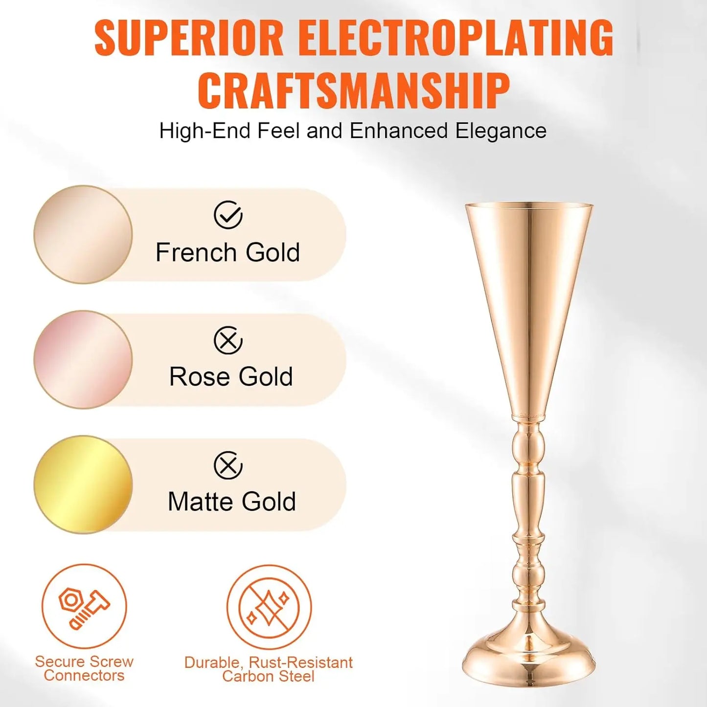 10PCS 43cm/16.9” Tall Wedding Flower Vase, Metal Wedding Trumpet Centerpiece, Gold Floral Stand Display Rack for Wedding Party