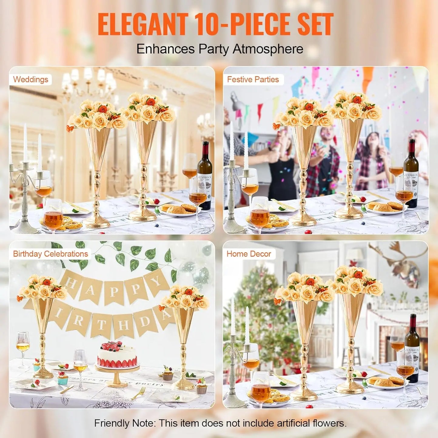 10PCS 43cm/16.9” Tall Wedding Flower Vase, Metal Wedding Trumpet Centerpiece, Gold Floral Stand Display Rack for Wedding Party