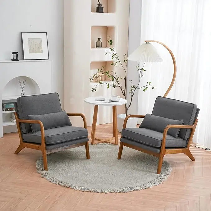 Cozy Living Room Chairs, Fine Linen Beige Accent Chairs Set of 2, Wood Lounge Chairs for Bedroom, Comfy Mid Century Modern