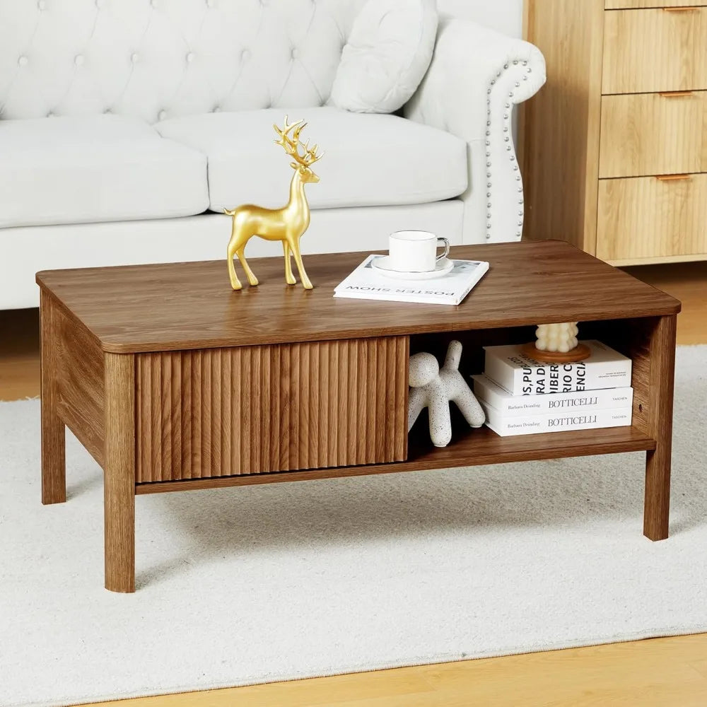Mid-Century Modern Rectangular Wood Coffee Table with Dual Storage Shelf, Storage Center Coffee Tables with Waveform Panel