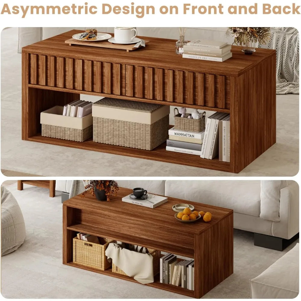 Wood Coffee Table with Storage, Coffee Table Fluted Drawers and Open Storage Space, Mid Century Center Table for Living Room