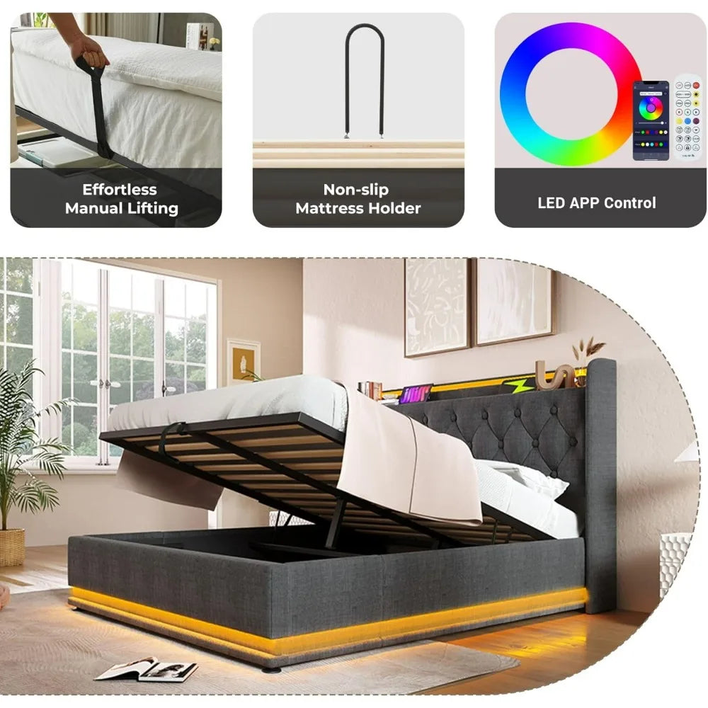 Lift Up Storage Bed Frame with 360 Surround LED Lights, Buttons, Apps or Remote Control, Upholstered Headboard Platform, Bed