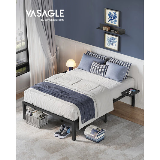 VASAGLE Double Bed Frame, Metal Bed Frame, with Bedside Shelves, Guest Bed Frame, for 140 x 200 cm Mattresses, Easy Assembly