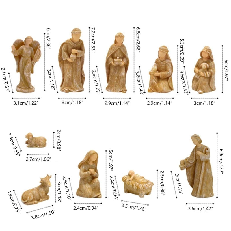 10pcs Resin Miniature Nativity Figurine Set Desktop Ornament Family Christmas Nativity Sculptures Handicrafts Church