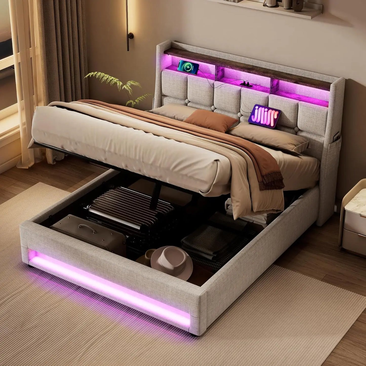 Bed Frame Queen Size with Hydraulic Storage System, Upholstered Platform Bed with Storage Headboard, LED and USB Charging, bed