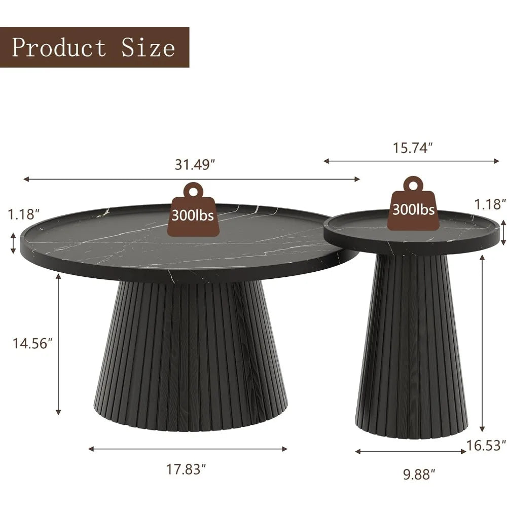 Nesting Coffee Table Set of 2, Mid Century Modern Coffee Table with Marble Veneer, Fluted Round Tea Table and End Table Set, Mi