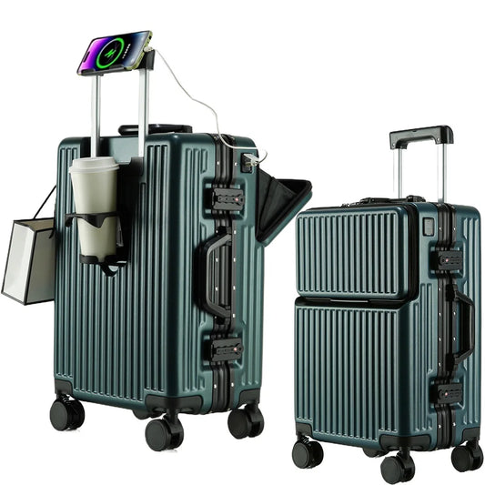 Aluminium Frame Rolling Luggage with Cup Holder Mobile Phone Holder Front Opening Suitcase Large capacity Travel Suitcase