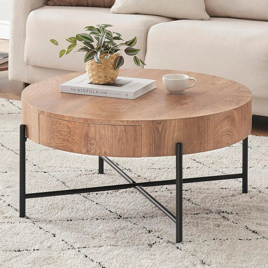 Round Coffee Table with Two Drawers Circle Center Table with Storage Farmhouse Coffee Table Living Room Wood Look Cocktail Table