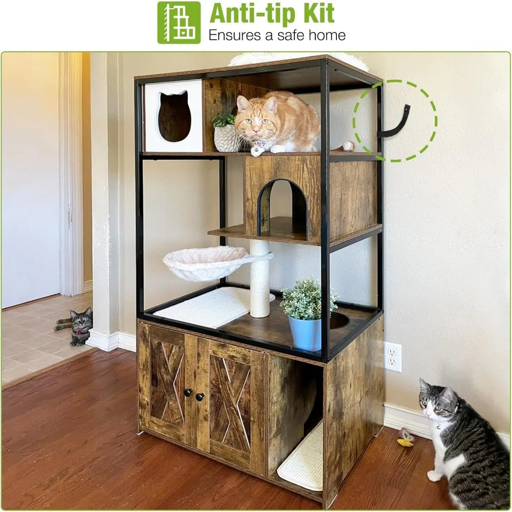 Cats Litter Box Enclosure Hidden Cat Litter Box Furniture with Cats Tree Wooden Cat House Indoor with Cats Cave, Scratching Post