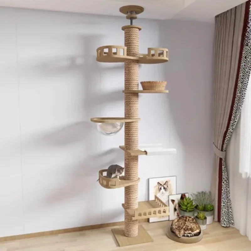 Adjustable Cat Tree House Tower Multi-function Floor To Ceiling Wooden House Tower Soft with Pet Condo Flannel Hammock Bed