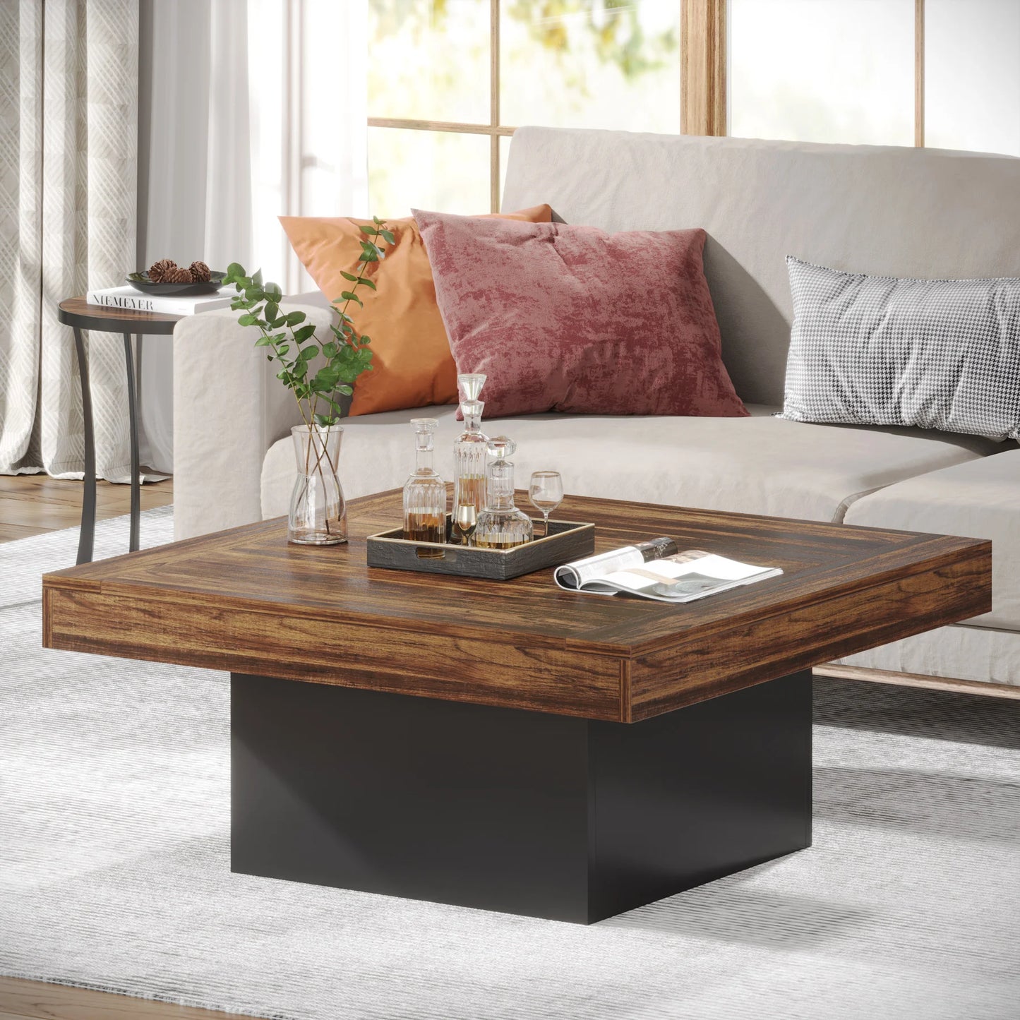 Tribesigns Coffee Table Square LED Coffee Table Engineered Wood Low Coffee Table for Living Room Rustic Brown & Black