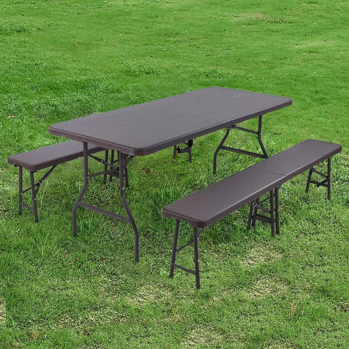 Camping Table Foldable 1 and 2 Benches, HDPE Plastic Panel, Waterproof, with Steel Frame, Patio Outdoor Furniture Set