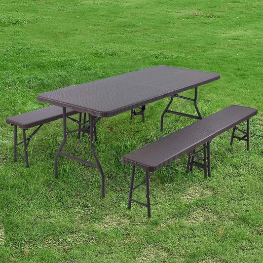 Camping Table Foldable 1 and 2 Benches, HDPE Plastic Panel, Waterproof, with Steel Frame, Patio Outdoor Furniture Set