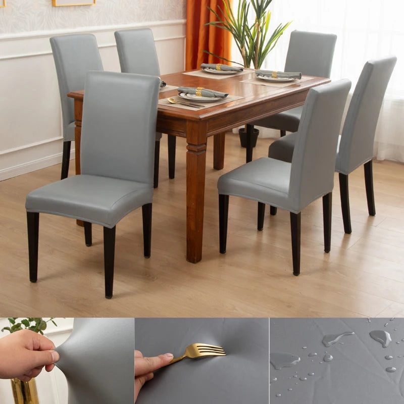 Dining Chair Covers,Solid Pu Leather Waterproof and Oilproof Stretch Dining Chair Protector Cover Slipcover