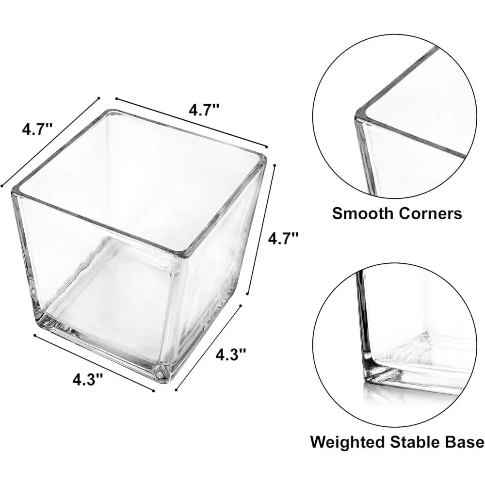 Set of 6 Square Glass Vases 5" x5" x 5", Clear Flower Vases for Centerpieces, Candle Holder for Wedding Party Events, Home Décor