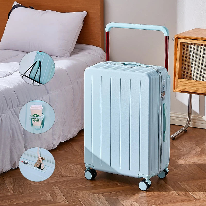 20"24"26 Inch Wide Handle Travel Suitcase PC Zipper Rolling luggage Trolley Case With Wheels Carry-on Luggage With Cup Holder